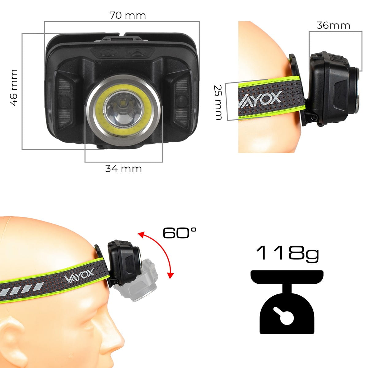 Schemat latarki czołowej z wymiarami i specyfikacjami. Głowa na manekinie.