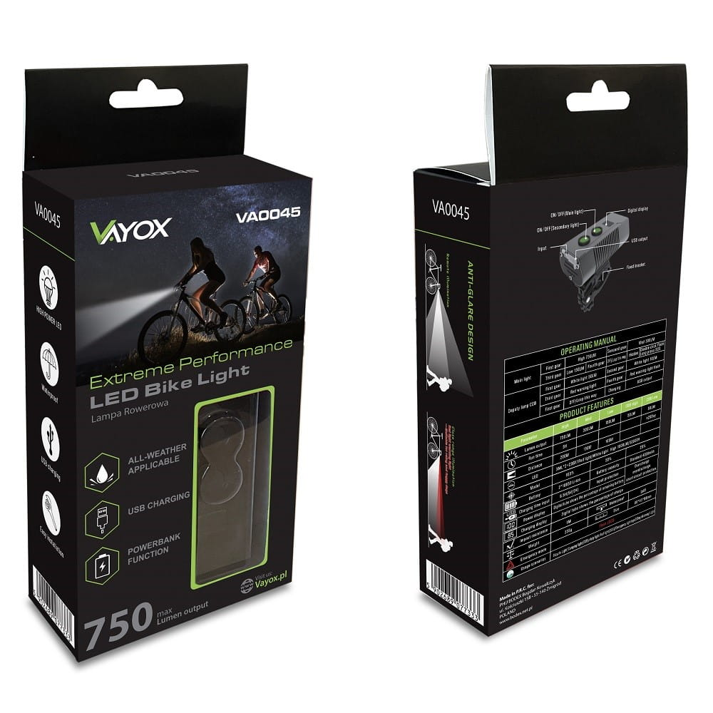 Dwa zdjęcia opakowania światła rowerowego. Opakowanie pokazuje rower i światło na froncie.