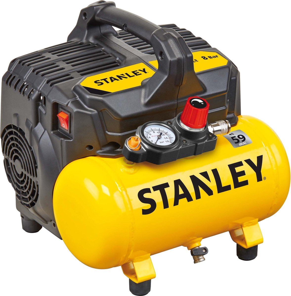 Een gele en zwarte Stanley luchtcompressor. Heeft een manometer en een aan/uit-schakelaar.