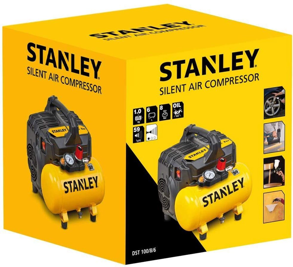 Een gele en zwarte Stanley luchtcompressor doos. Het toont de compressor en details op de doos.