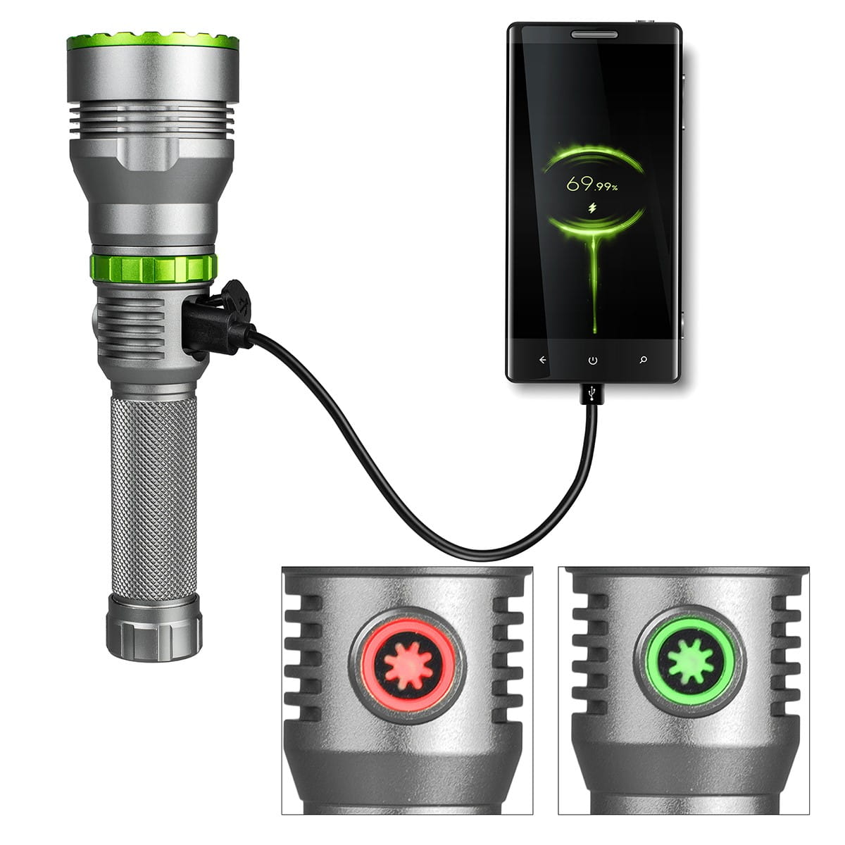 Czarno-szara latarka ładująca telefon. Telefon wyświetla zieloną grafikę ładowania.