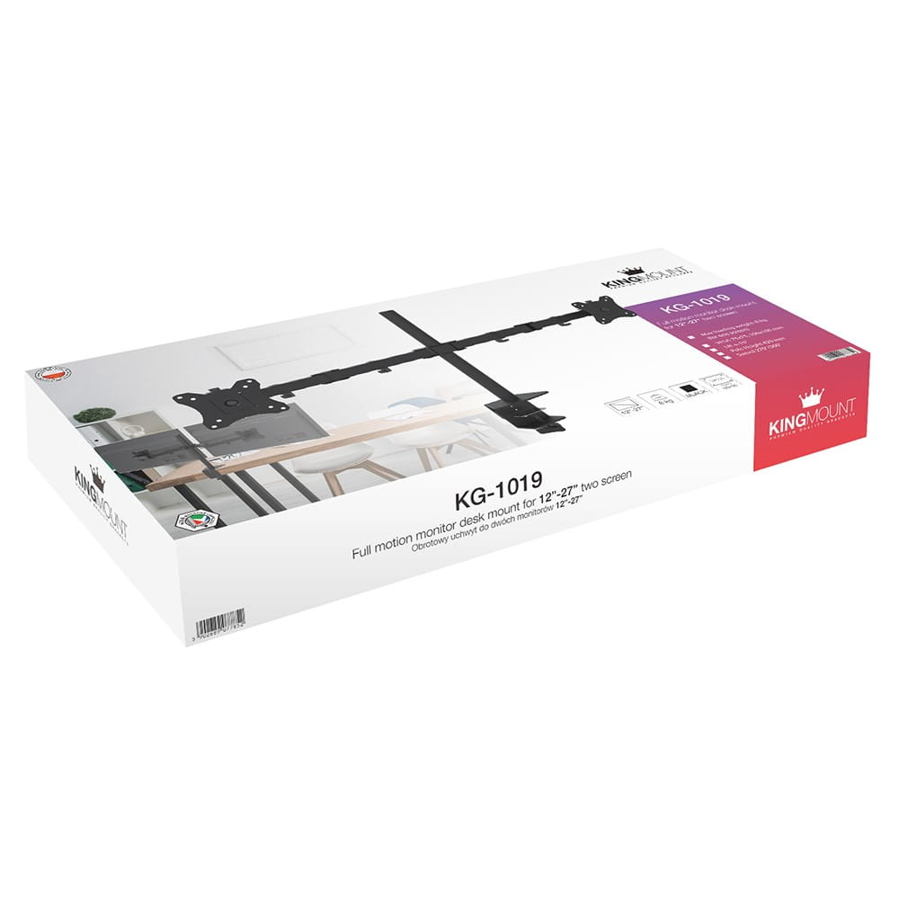Pudełko do uchwytu biurkowego do monitora. Posiada czarną grafikę i tekst uchwytu oraz logo Kingmount.