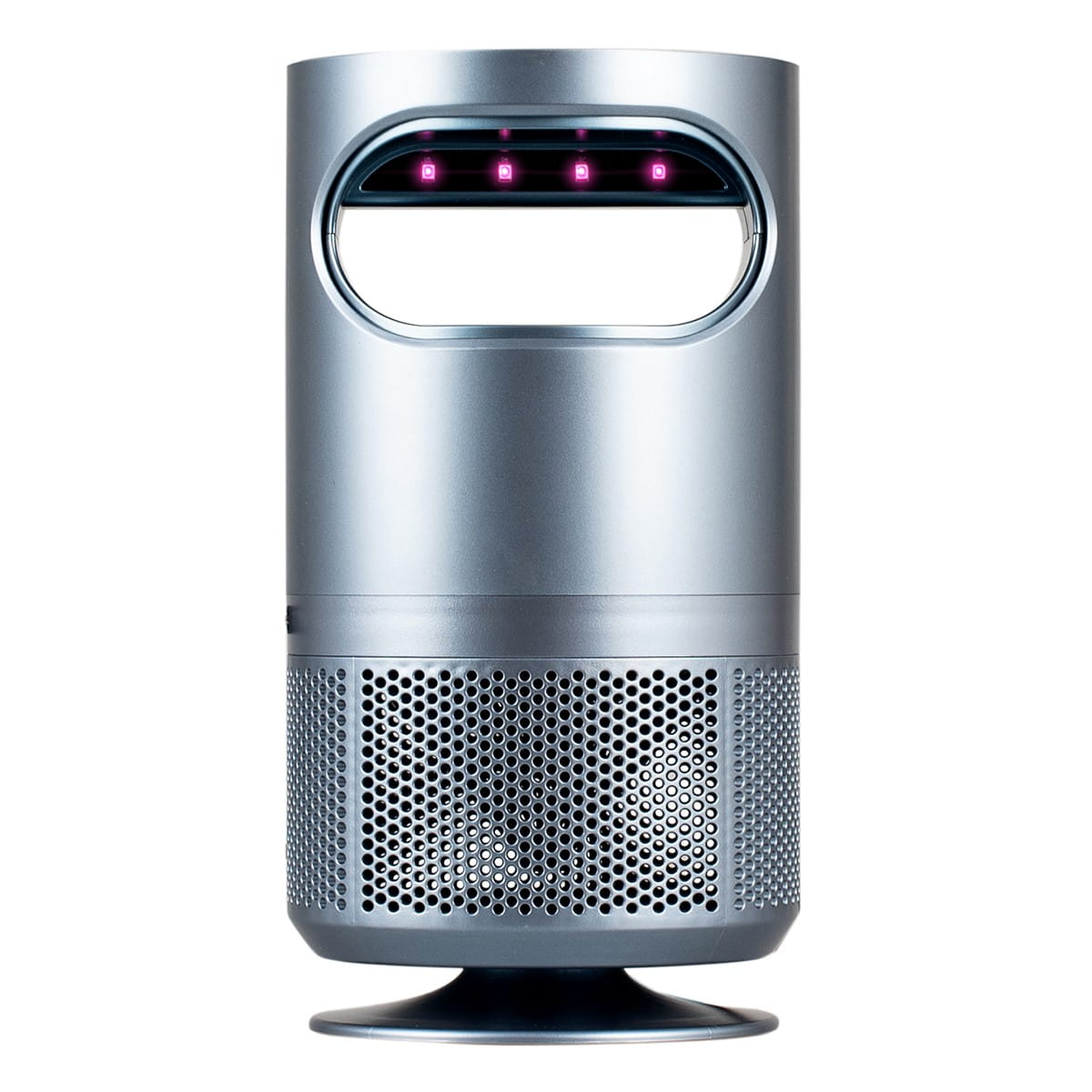 Srebrna maszyna do zabijania komarów. Ma cylindryczny korpus z otworem i fioletowymi światłami wewnątrz.