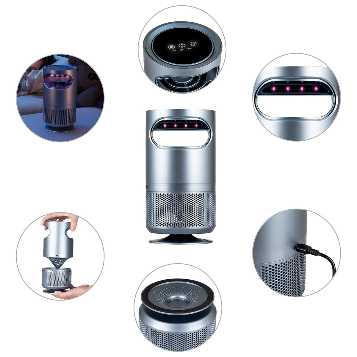 Srebrny zabójca owadów ze szczegółami: widok z góry, z boku i rozłożone części.