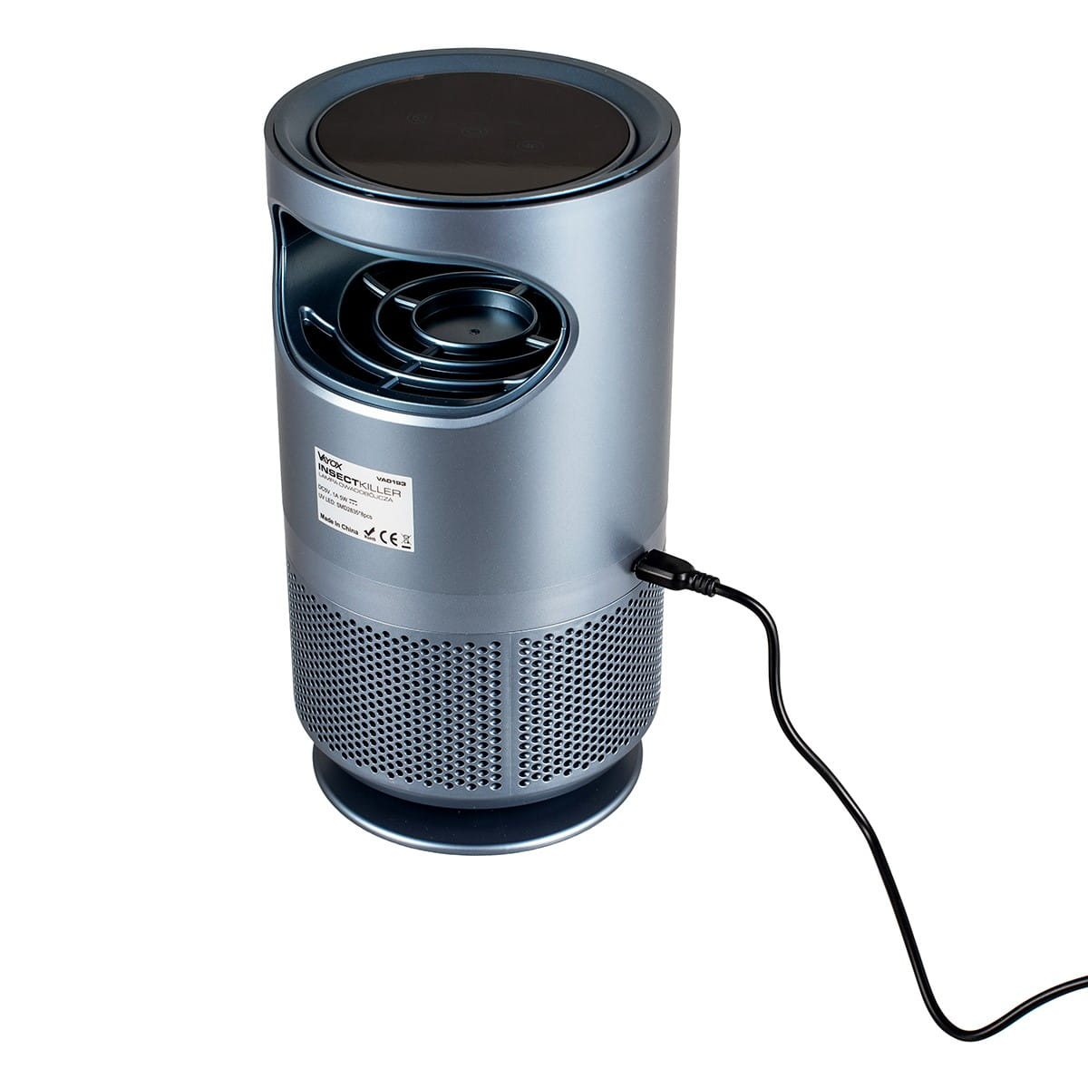 Srebrna lampa owadobójcza z portem ładowania. Ma cylindryczną konstrukcję z czarnym wierzchem.
