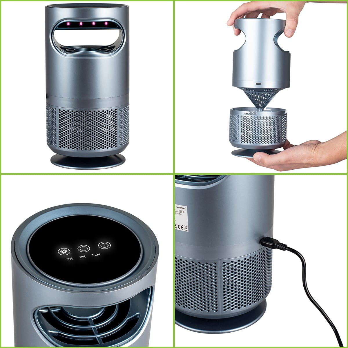 Cztery zdjęcia srebrnej lampy owadobójczej, pokazujące montaż i elementy sterujące. Posiada port ładowania.