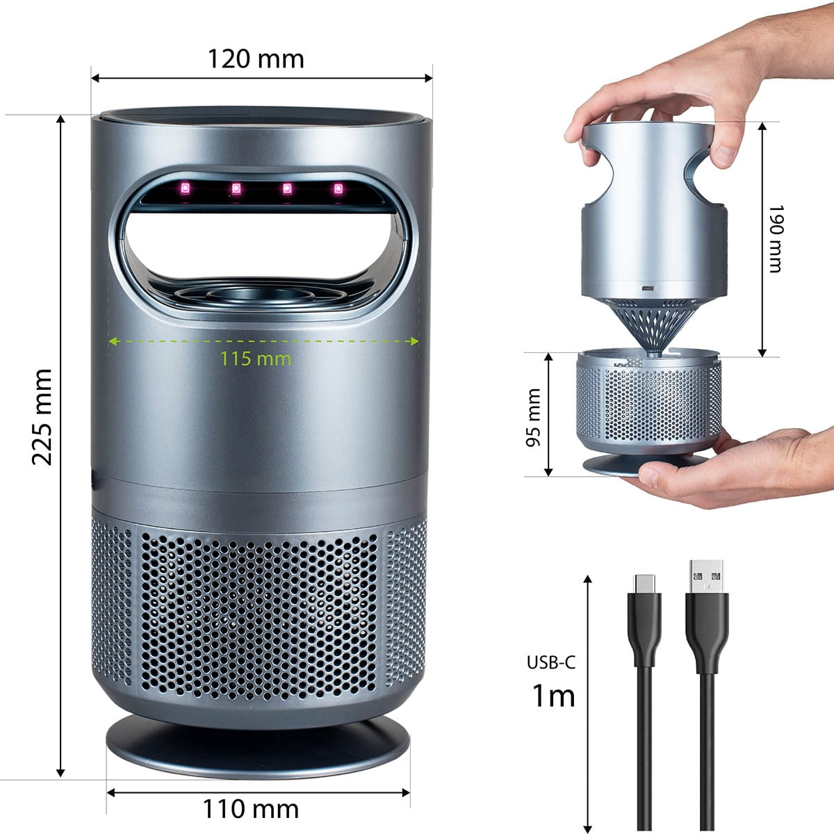 Srebrny zabójca komarów z wymiarami, zdemontowany. Kable również pokazane.