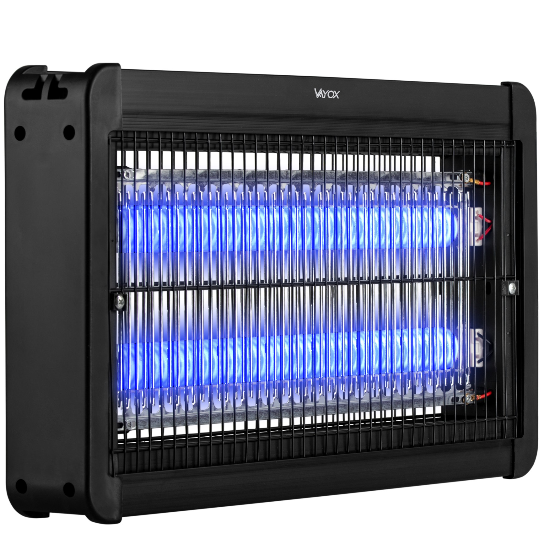 Czarny zabijacz owadów z niebieskim światłem UV, na białym tle.