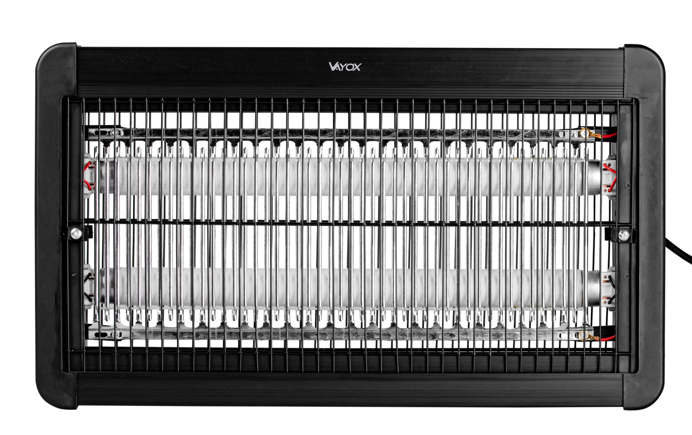 Czarny zabijacz owadów z siatką i światłami UV, widok z góry, na białym tle.