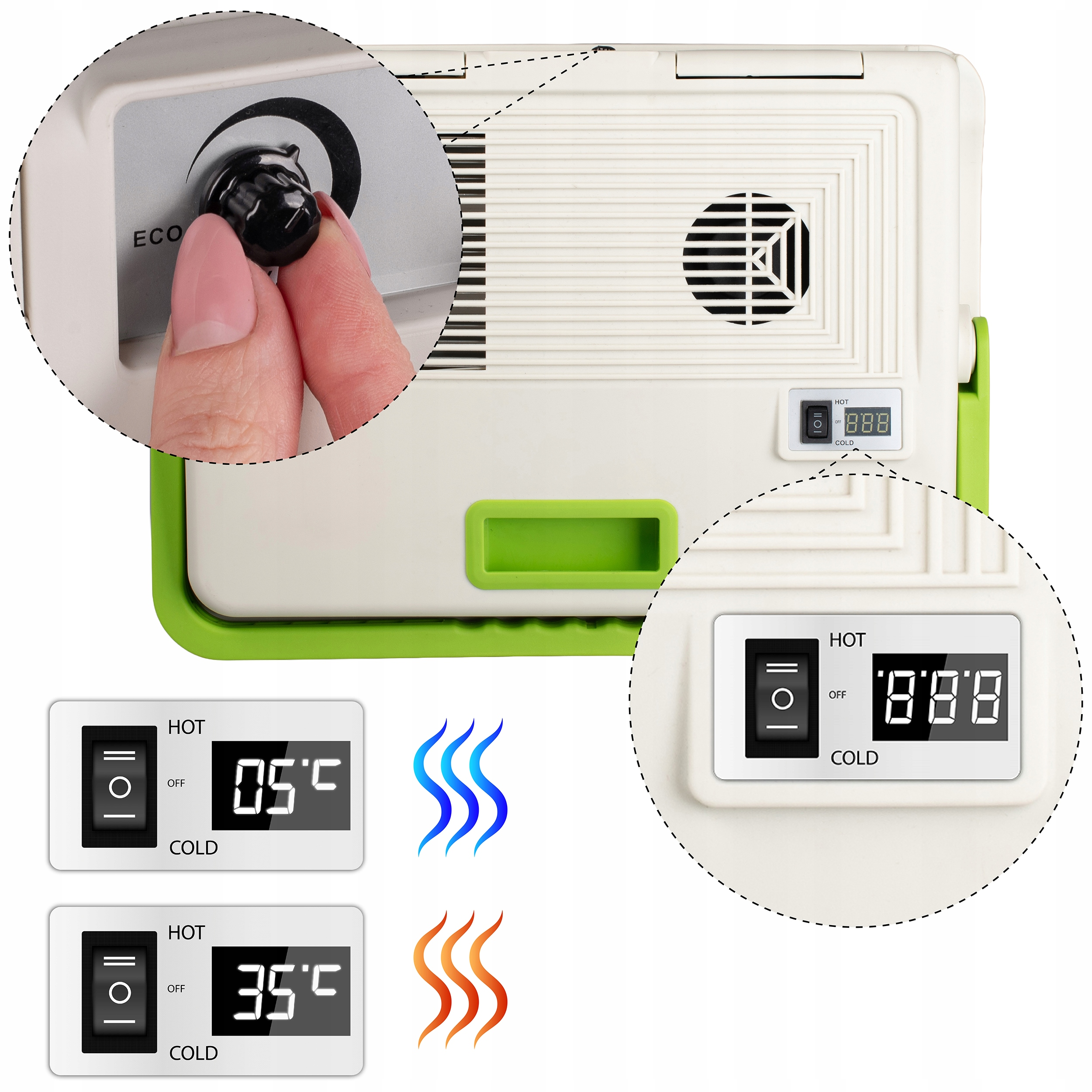 Dłoń przekręca pokrętło na białej i zielonej chłodziarce. Wyświetlacze cyfrowe.