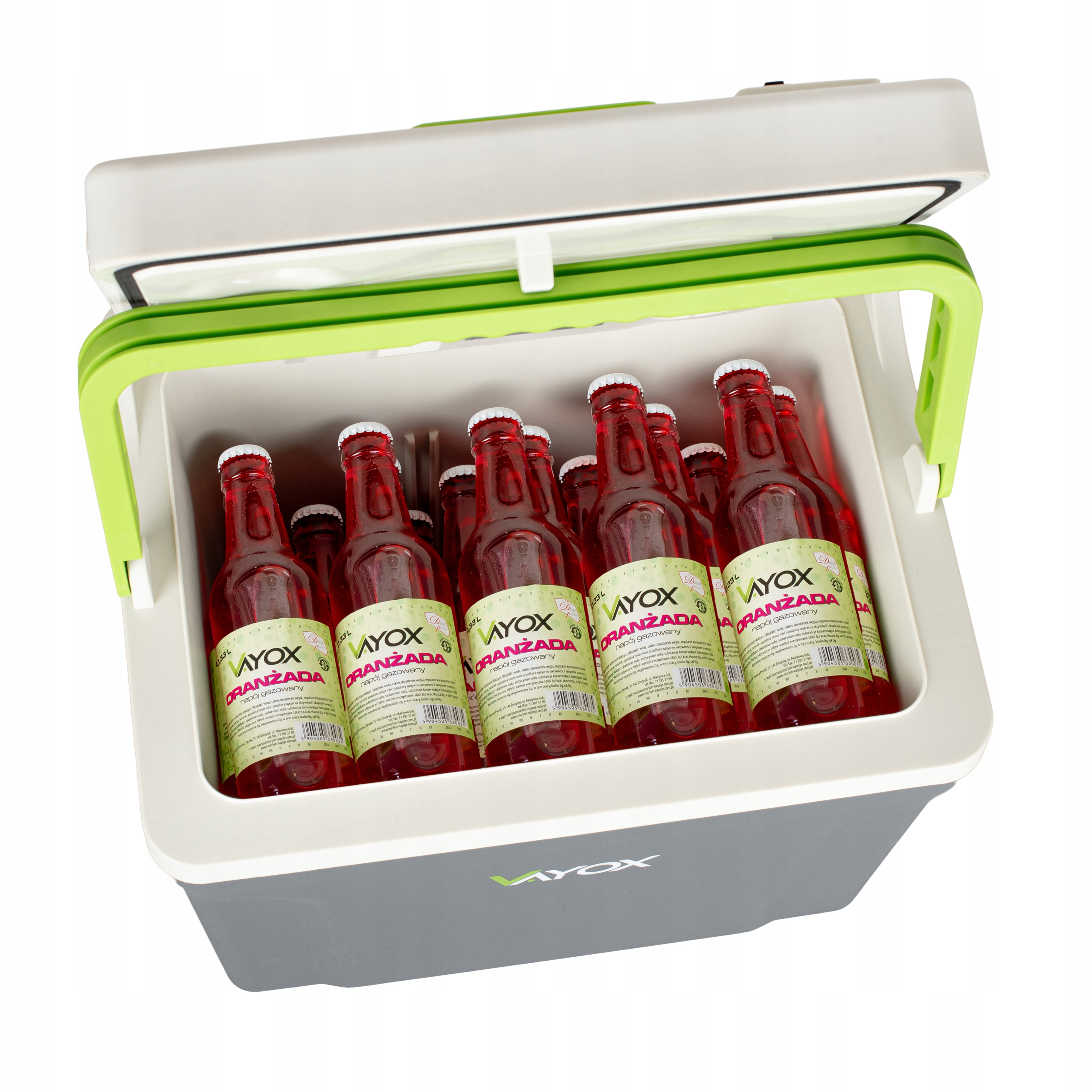 Chłodziarka wypełniona czerwonymi butelkami z napojami gazowanymi, z zielonym uchwytem, białym i szarym korpusem.