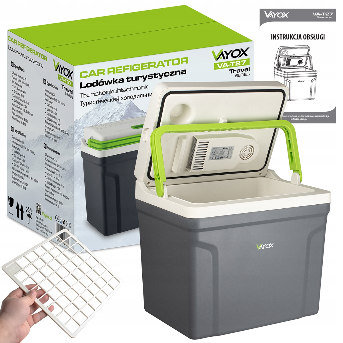 Szara i biała chłodziarka z pudełkiem i instrukcją. Chłodziarka jest otwarta z białą kratką.