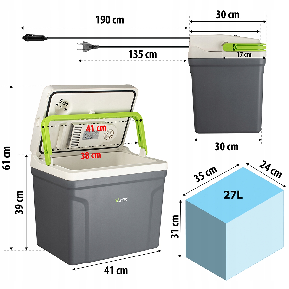 Szara i biała chłodziarka z wymiarami. Chłodziarka ma wymiary i pomiary oznaczone w centymetrach.