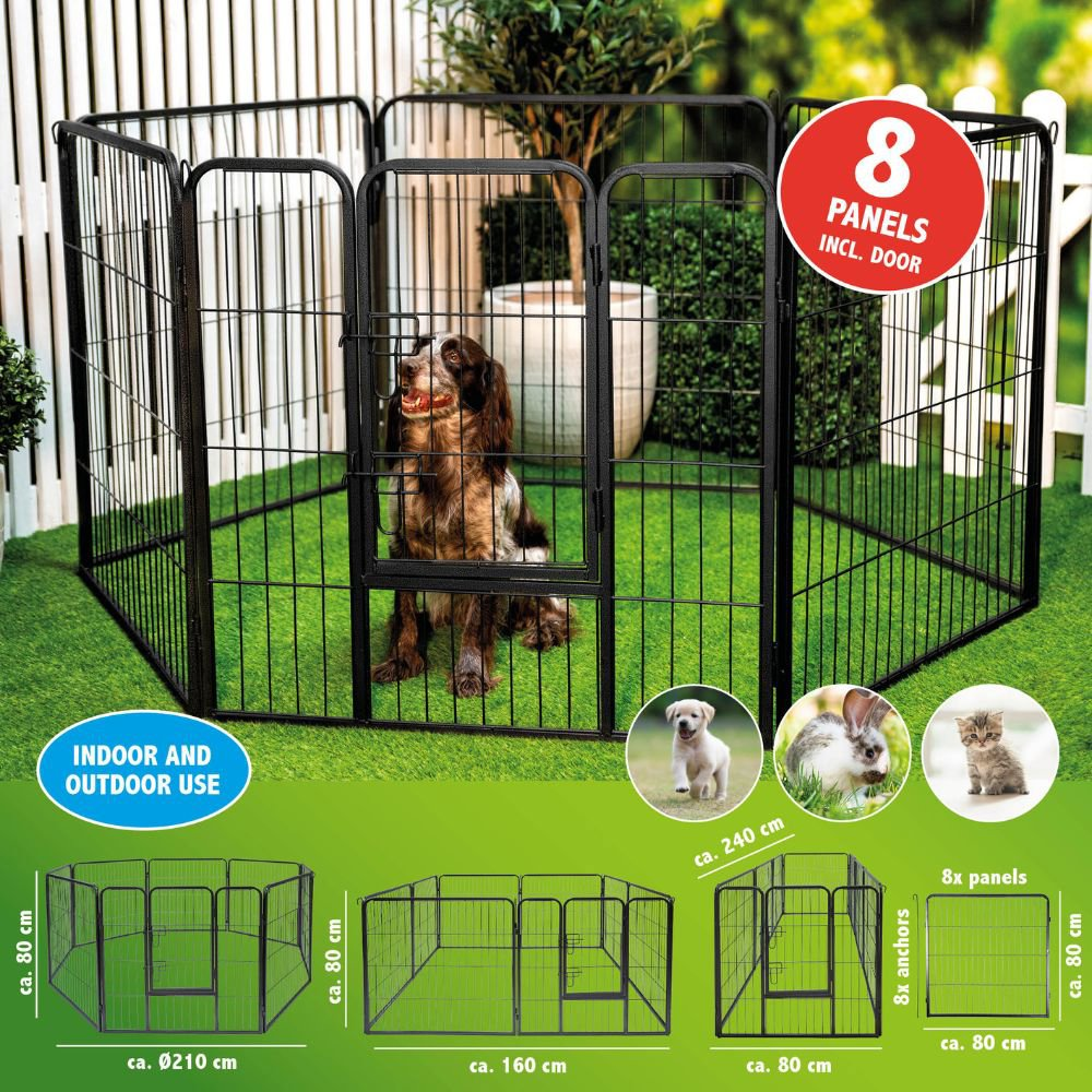 A dog in a black wire pen. The pen is on green grass. There are diagrams and images of the pen.