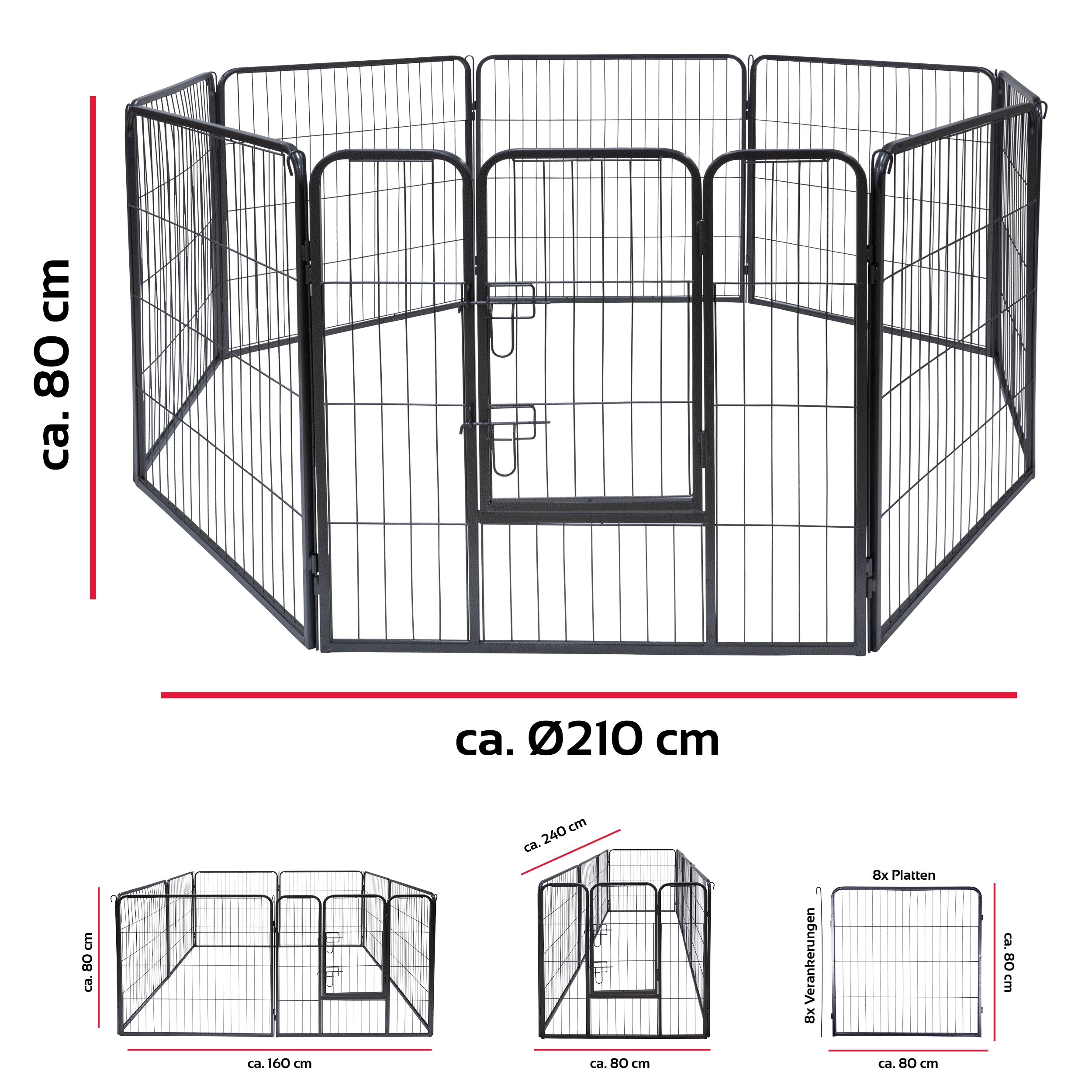 Metal pet playpen. Rectangular shape with a gate. Black bars and frame. Dimensions are displayed.