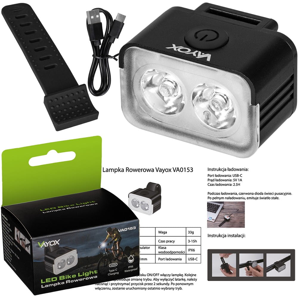 Czarno-białe światło rowerowe, opakowanie i kabel USB, umieszczone na białej powierzchni. Instrukcje w języku polskim.
