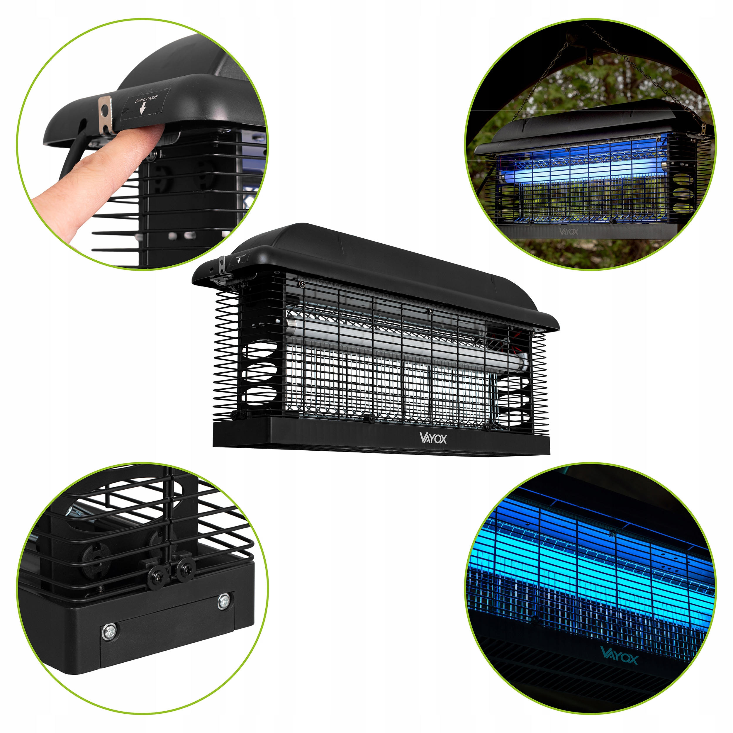 Czarny zabójca owadów z niebieskimi światłami. Wiele widoków pokazuje szczegóły.