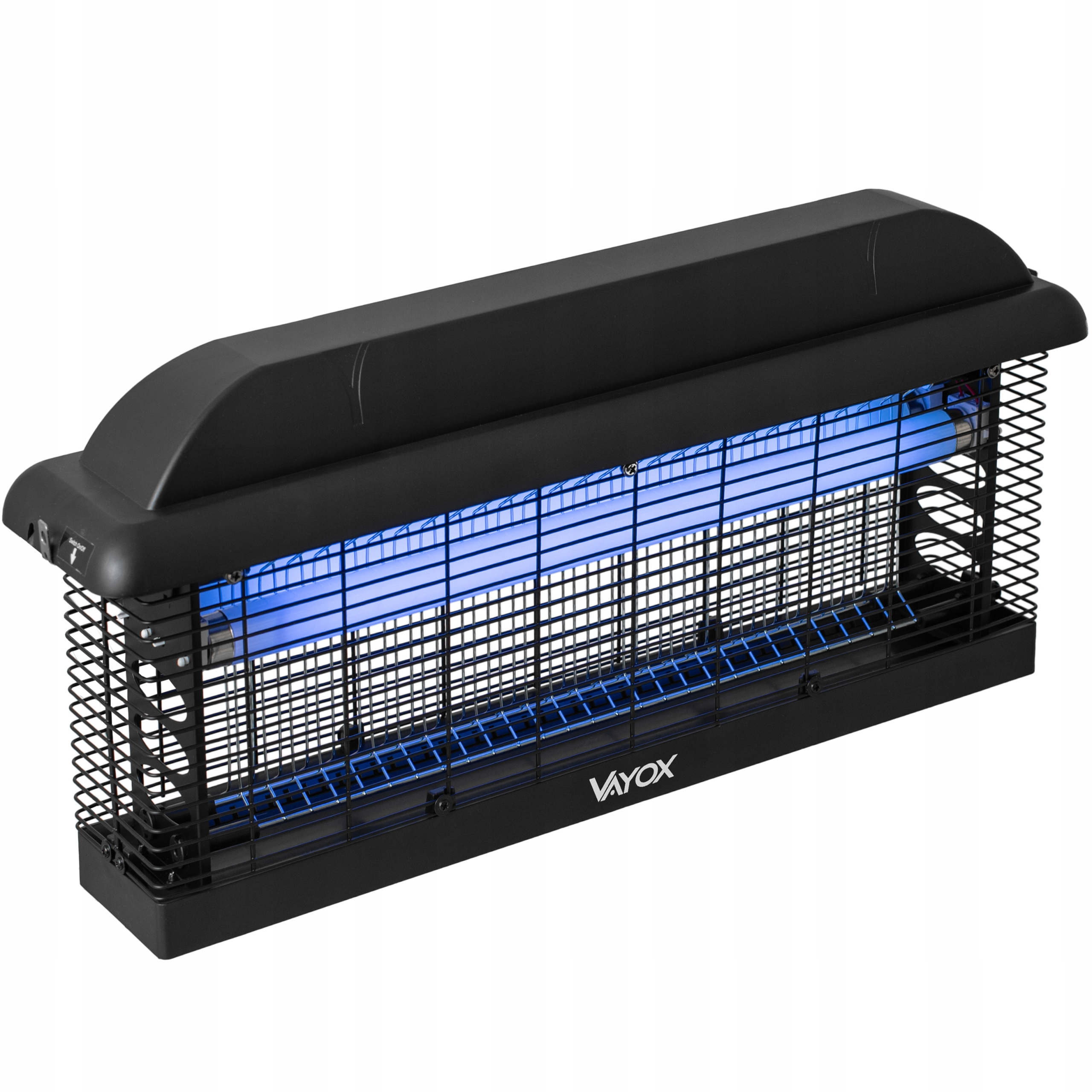 Czarny zabijacz owadów z niebieskim światłem. Zabijacz jest na czarnej podstawie i ma metalową kratkę.