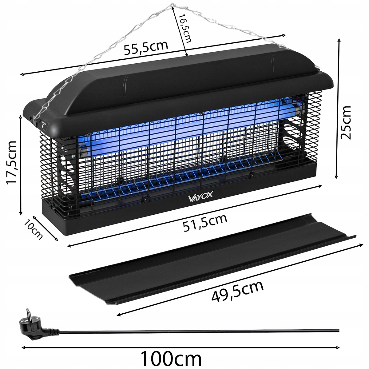 Czarny zabójca owadów. Prostokątny kształt z wymiarami. Niebieskie światło w środku, kabel zasilający.