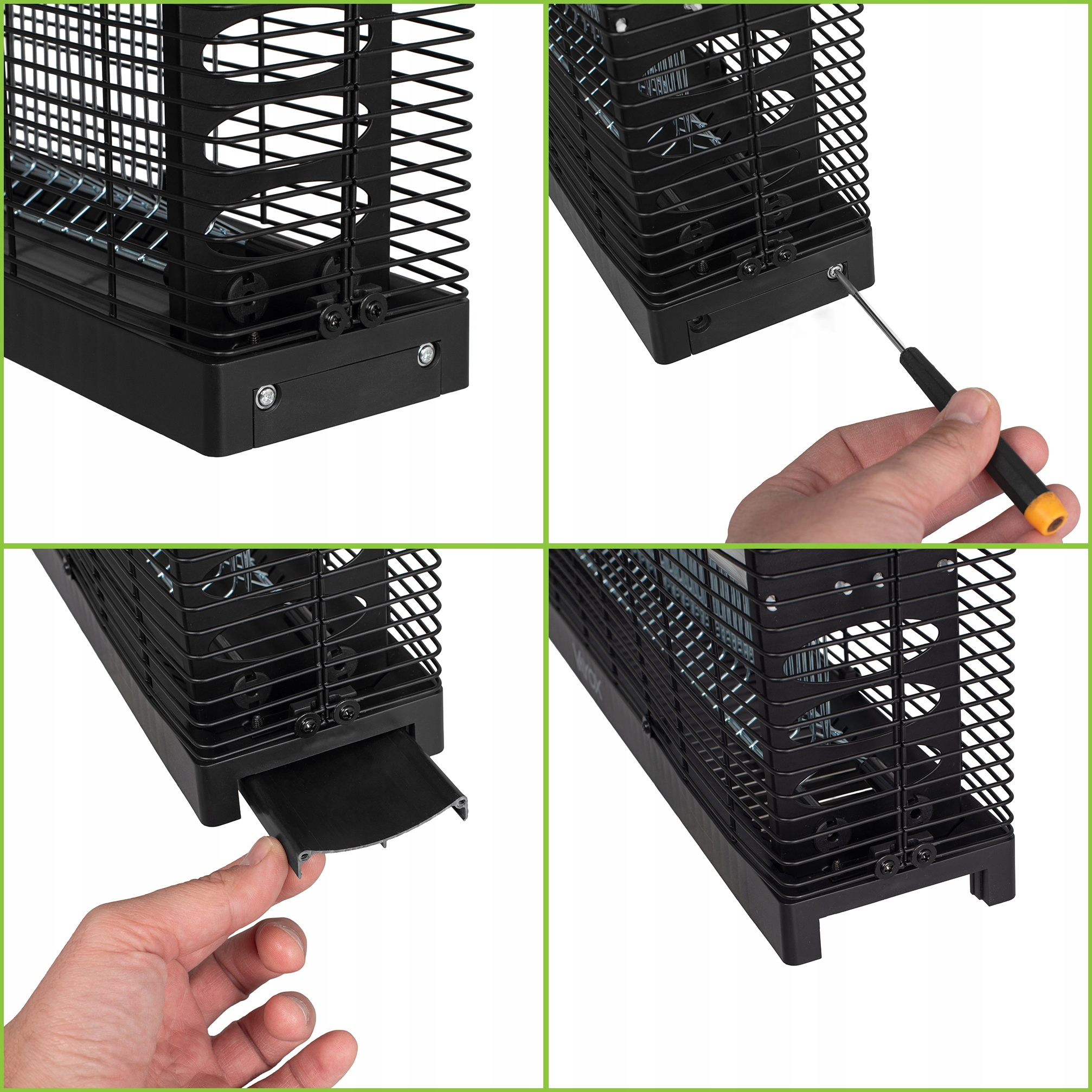 Zbliżenia pokazujące szczegóły zabijacza owadów. Zabijacz jest czarny i ma tacę.