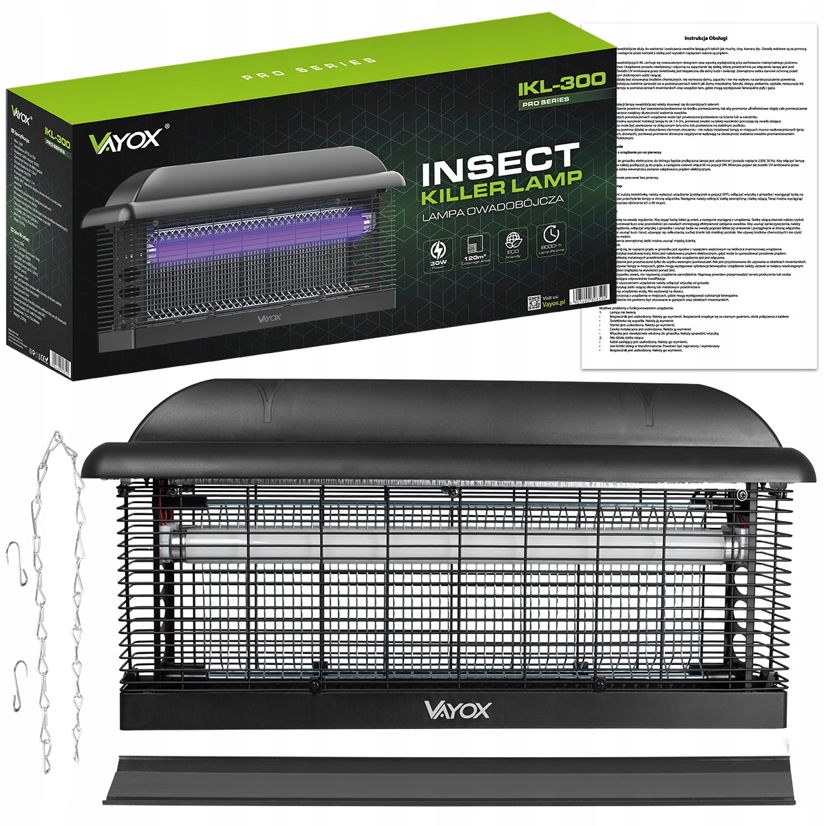Zabijacz owadów z pudełkiem i instrukcją. Zabijacz jest czarny i ma fioletowe światło.