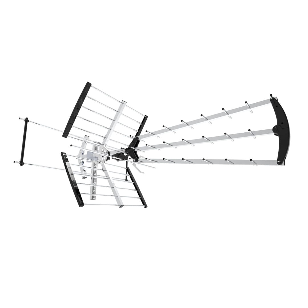 Antena na białym tle. Ma wiele ramion i czarny element.