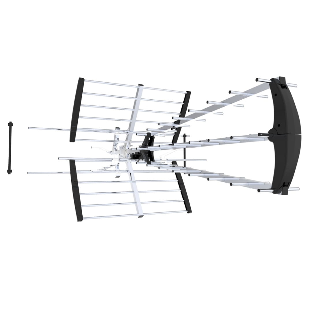 Antena TV, srebrna i czarna. Wiele poziomych prętów. Kątowa konstrukcja do odbioru sygnału.