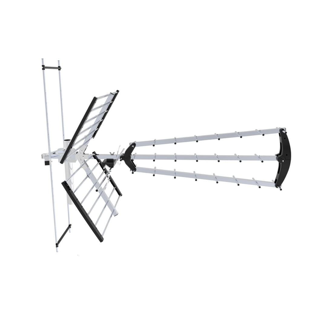 Antena TV, srebrna i czarna. Wiele prętów, kątowa konstrukcja. Rozłożone ramiona.