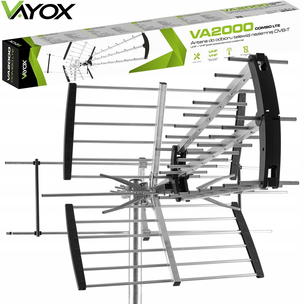 Antena TV z pudełkiem. Srebrna i czarna. Opakowanie produktu z marką i funkcjami.