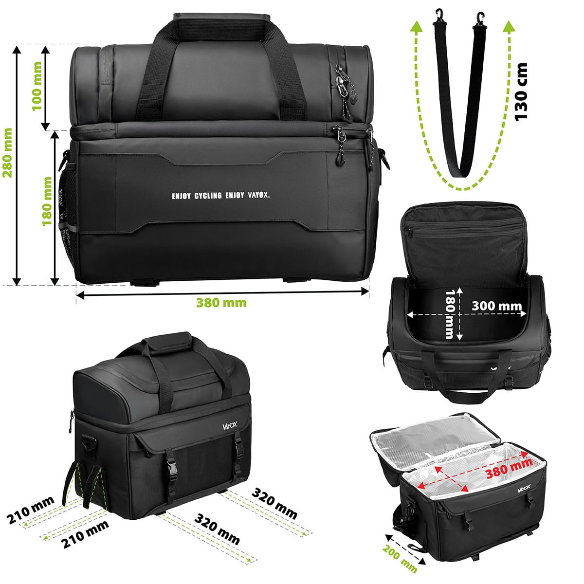 Czarna torba rowerowa z wymiarami. Wiele przegródek, widoczne. Uchwyt i paski na ramię.