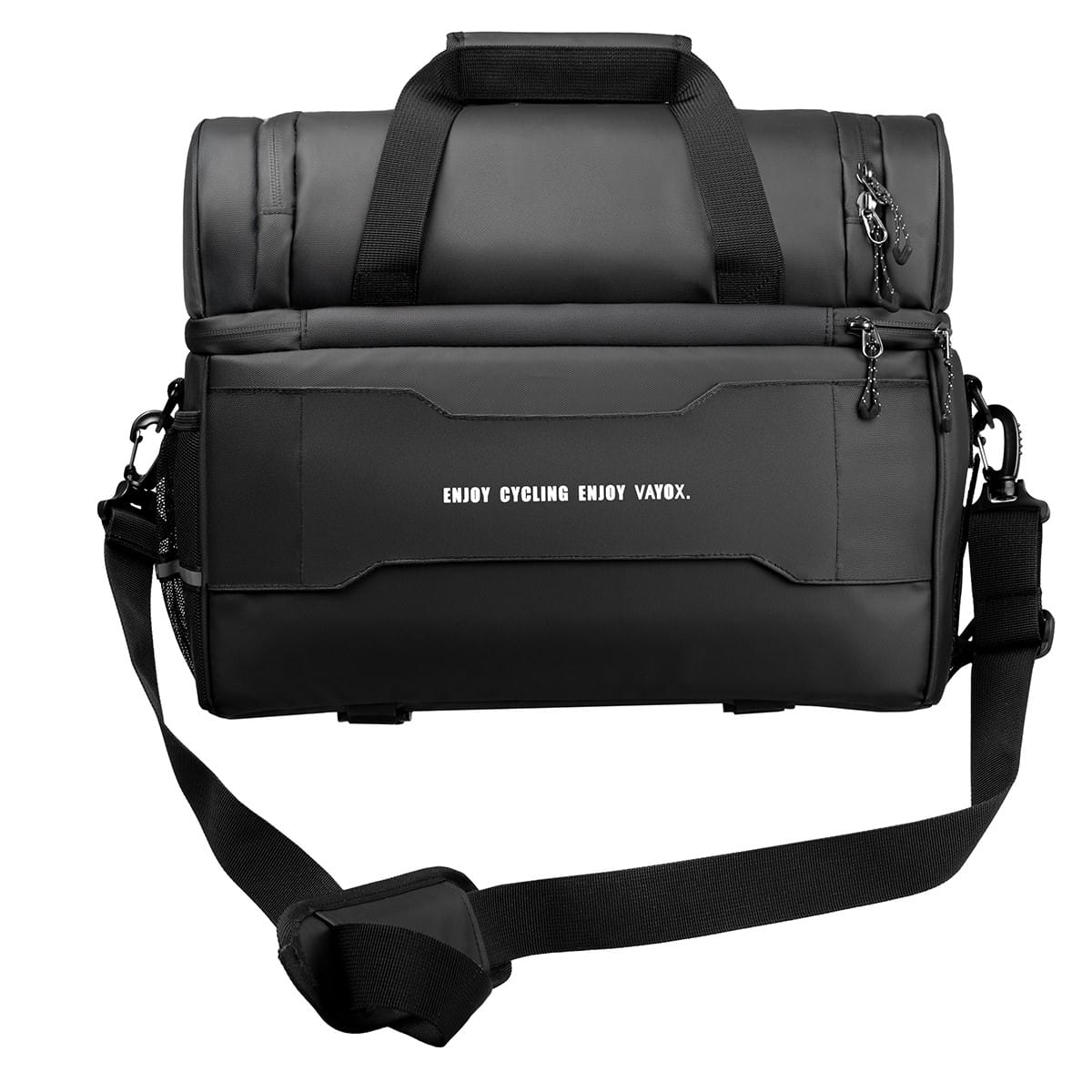Czarna torba rowerowa z tekstem. Dołączony pasek na ramię. Czarny design z uchwytem.