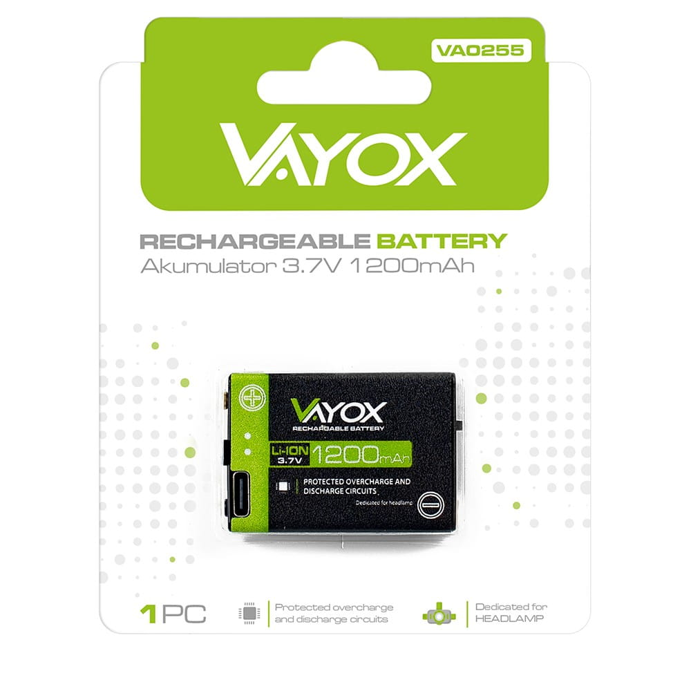 Akumulator: Vayox, ładowalny, 3.7V, 1200mAh. Zielony i czarny, w opakowaniu.