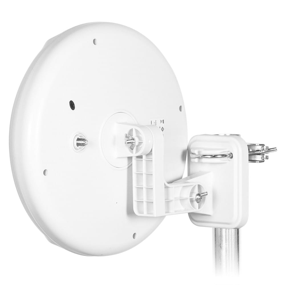 Widok z tyłu białej anteny z uchwytem ściennym. Białe tło.