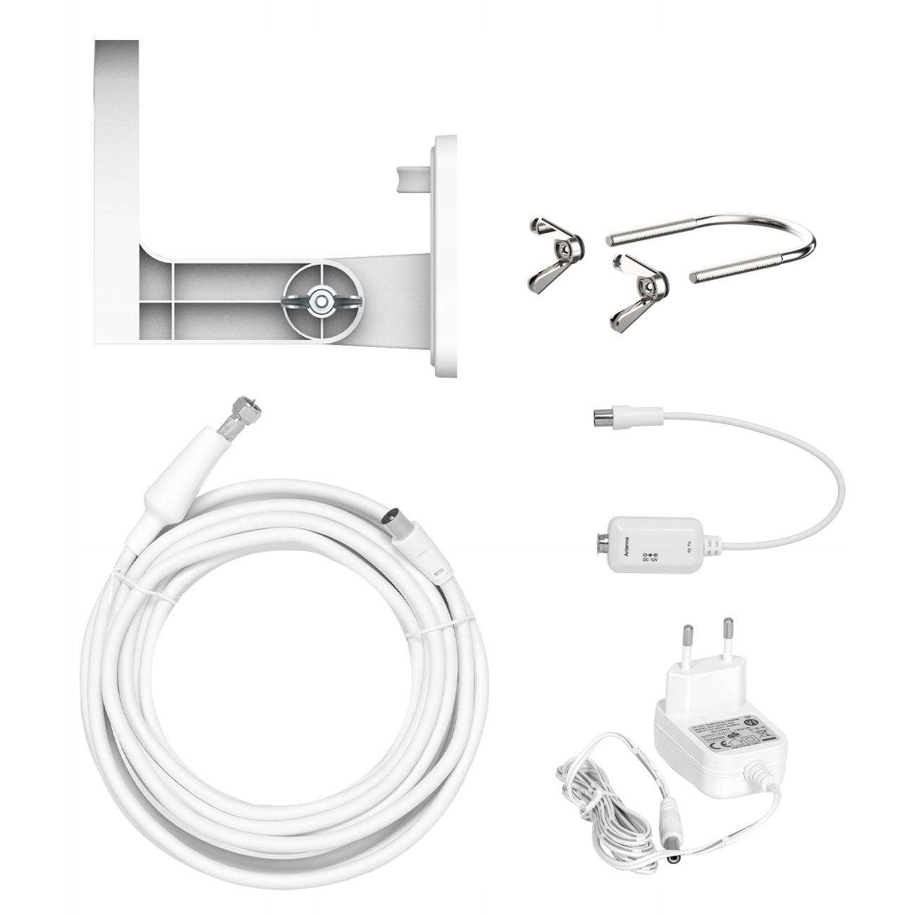 Białe elementy anteny. Zawiera kabel, zaciski, konwerter i wtyczkę. Wszystko na białym tle.