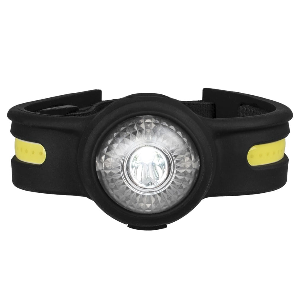 Czarna lampa czołowa z białym światłem na czarnym pasku. Żółte akcenty na pasku.