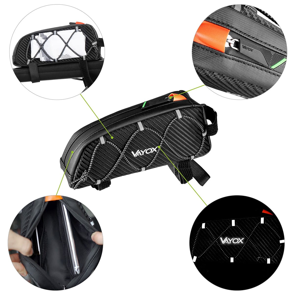 Czarna torba rowerowa z białymi odblaskowymi wzorami. Zbliżenia pokazują szczegóły, takie jak zamki błyskawiczne i komory wewnętrzne.