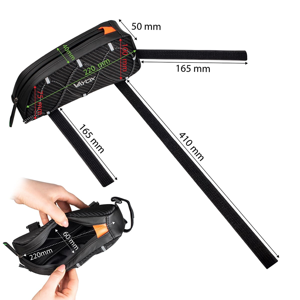 Torba rowerowa z wymiarami. Osoba pokazuje wnętrze torby. Pokazano wymiary. Czarny i pomarańczowy.