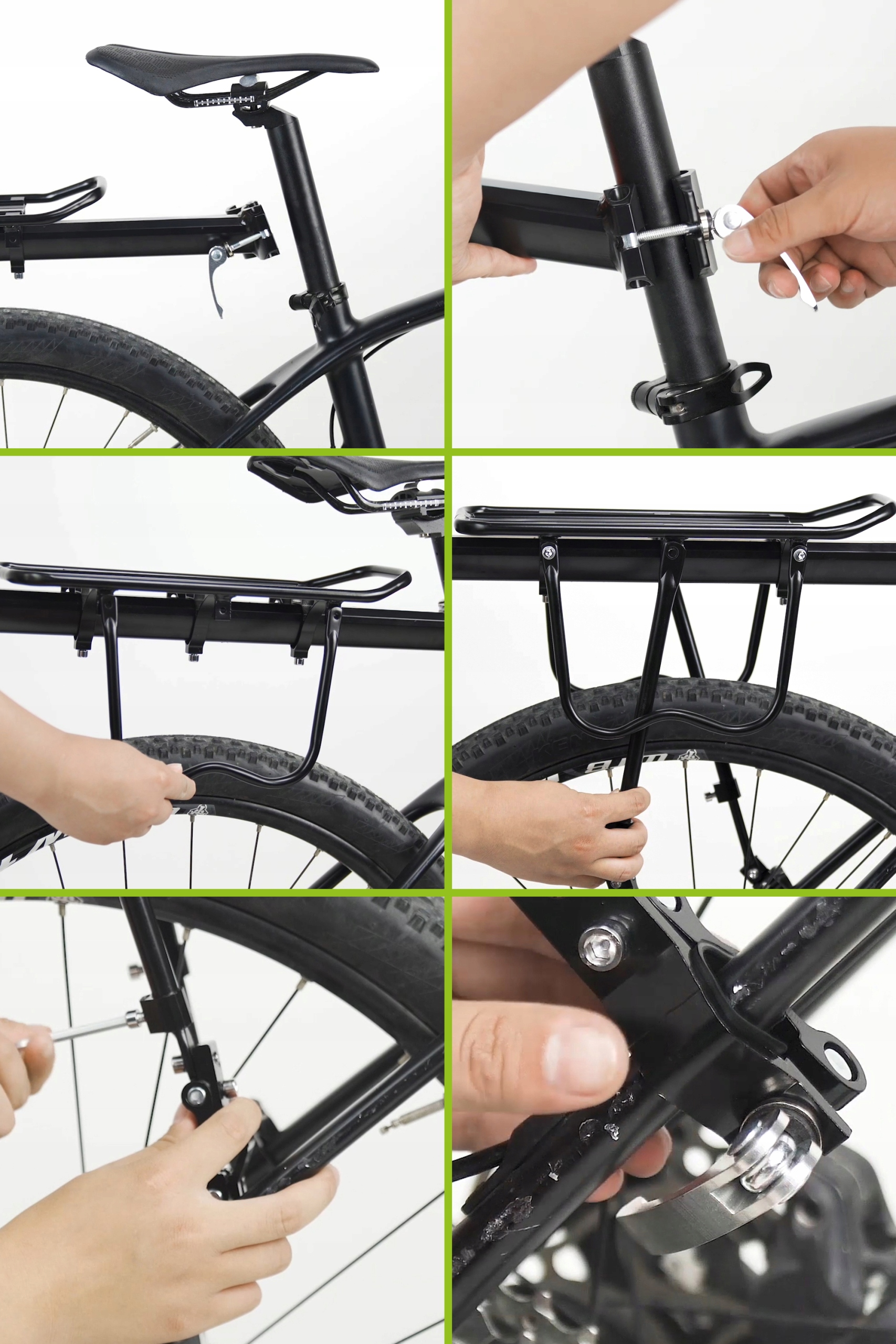 Sześć zdjęć montażu bagażnika rowerowego. Dłonie pokazują montaż części.