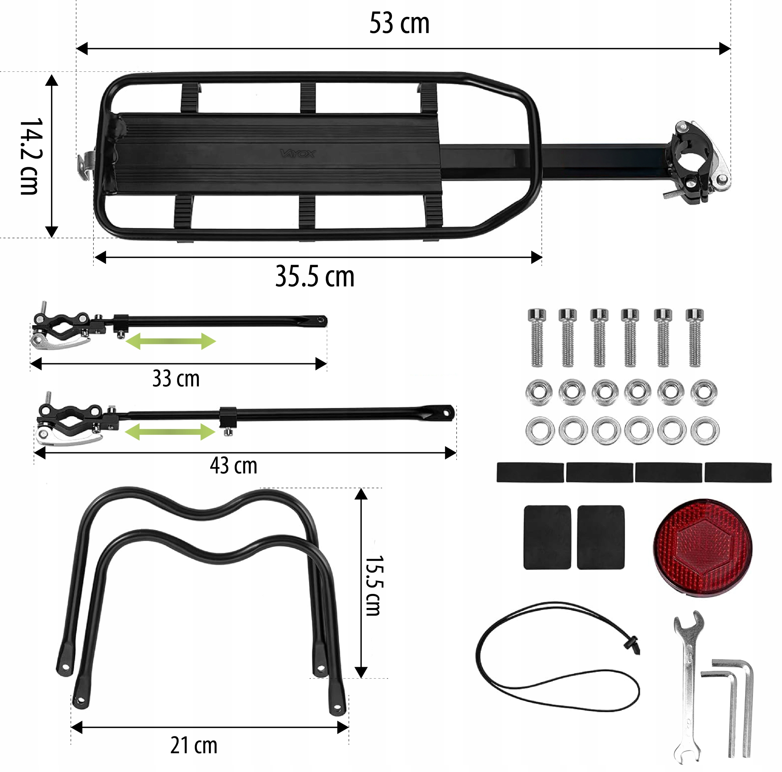 Czarny bagażnik rowerowy z wymiarami. Pokazano różne części, w tym narzędzia.