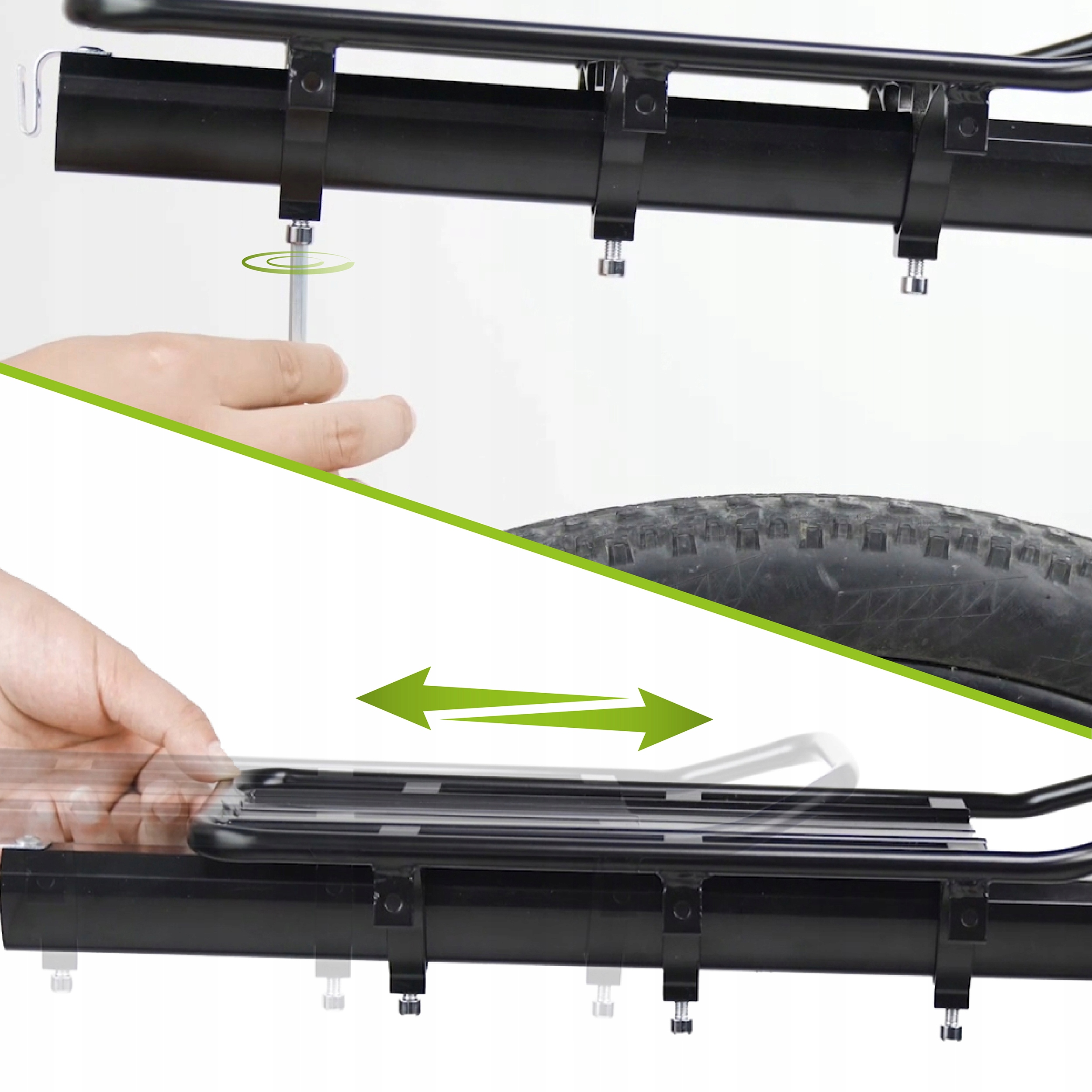 Osoba używa śrubokręta do montażu części czarnego bagażnika rowerowego.