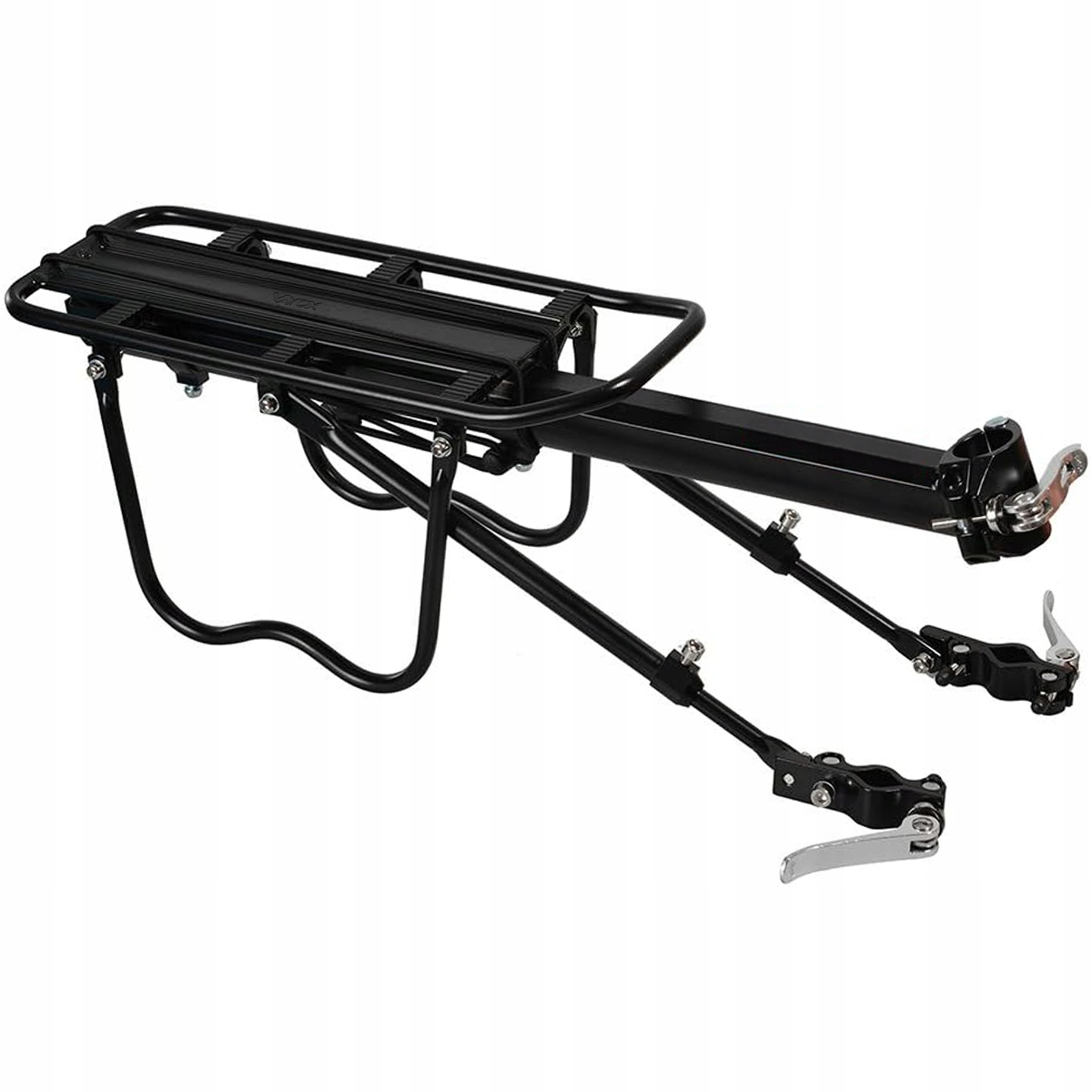 Czarny metalowy bagażnik rowerowy. To czarny obiekt z wieloma częściami.