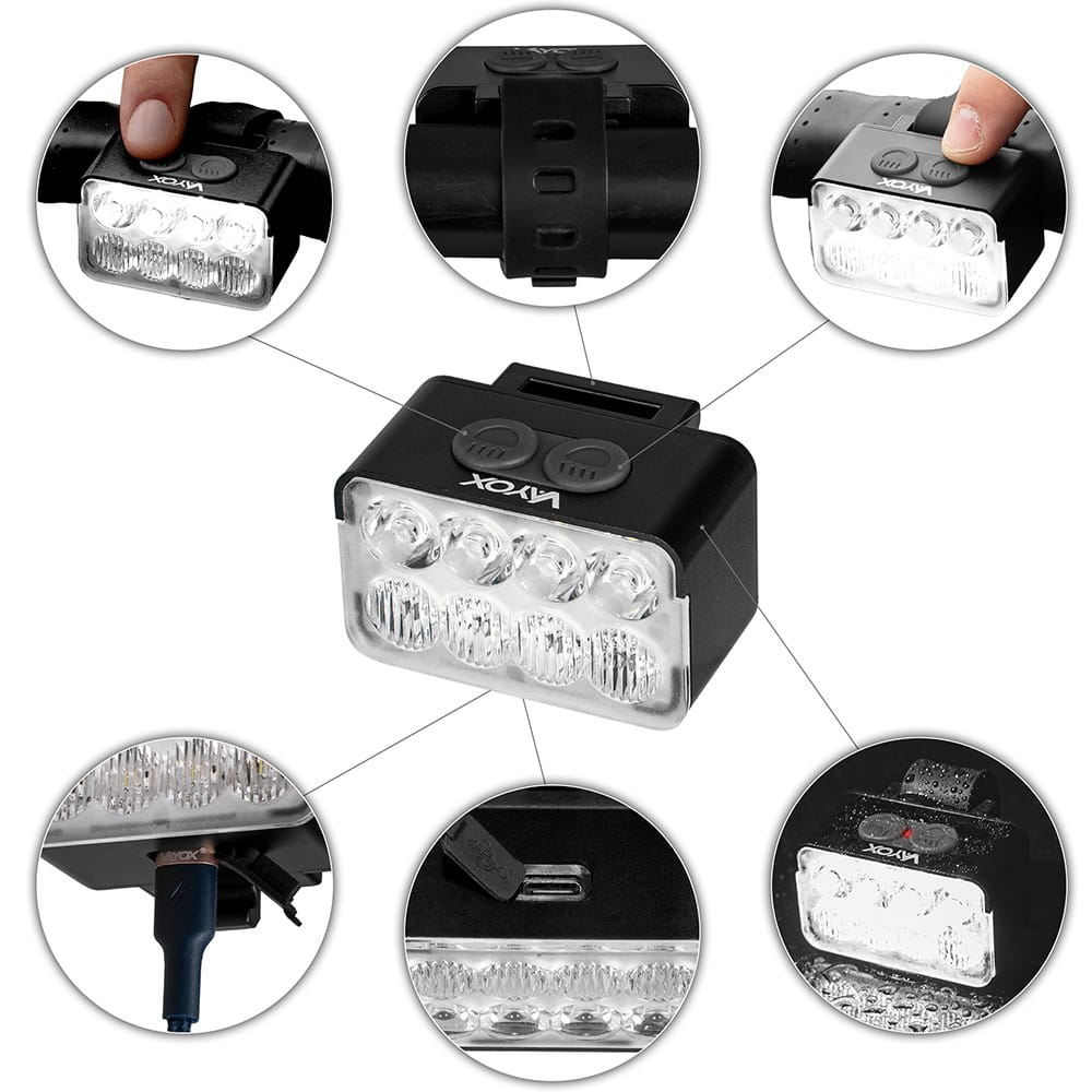 Czarne światło rowerowe z wieloma widokami. Pokazano przyciski, pasek, port ładowania i szczegóły światła.