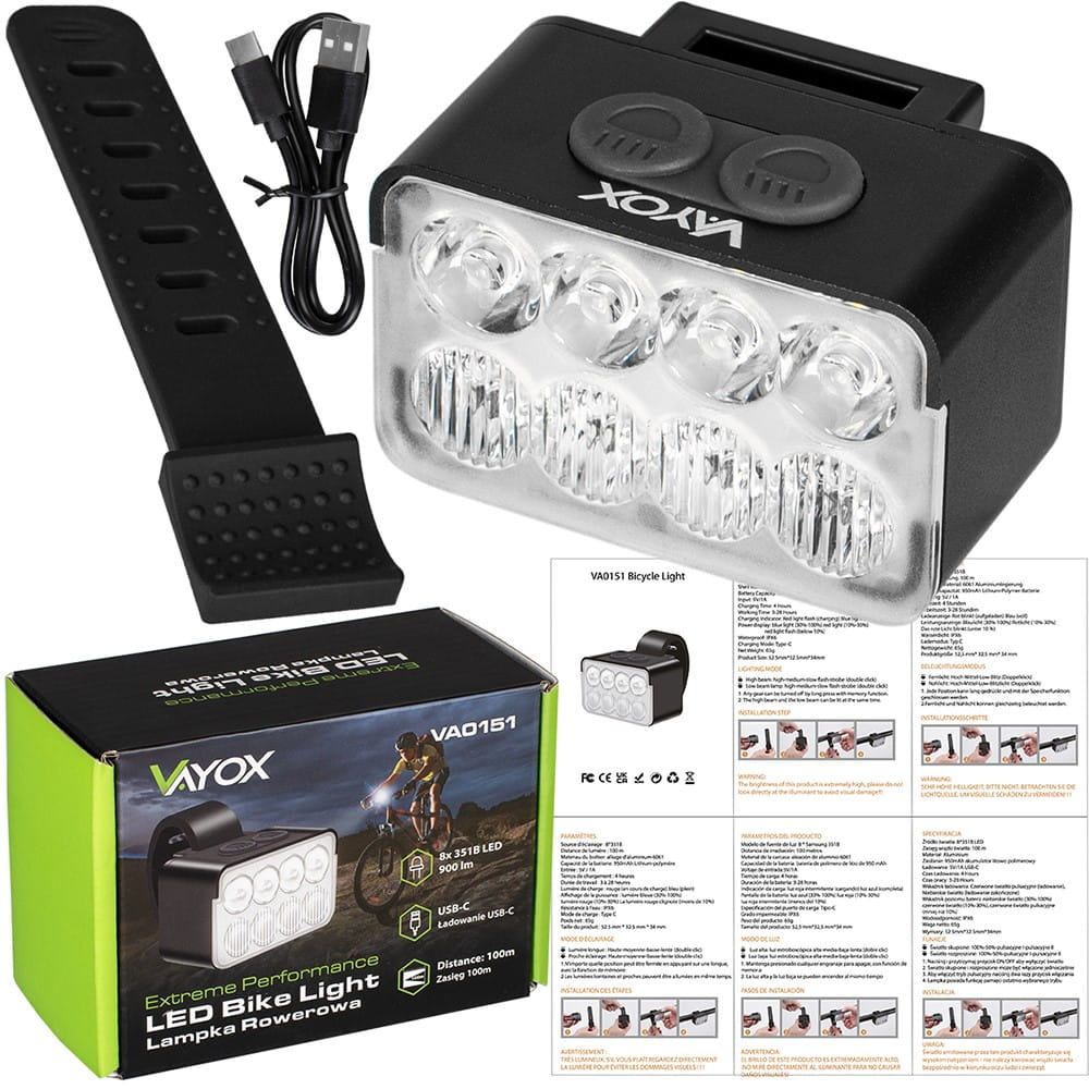 Czarne światło rowerowe z diodami LED, kablem USB i pudełkiem ze specyfikacją.
