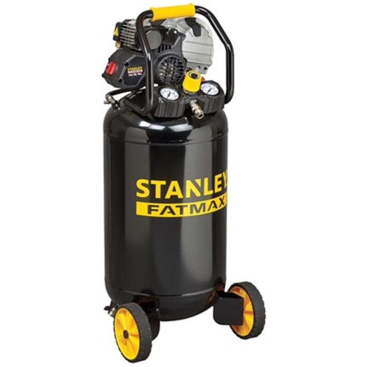 Compressore d'aria Stanley Fatmax nero e giallo. È su ruote e ha una maniglia gialla.