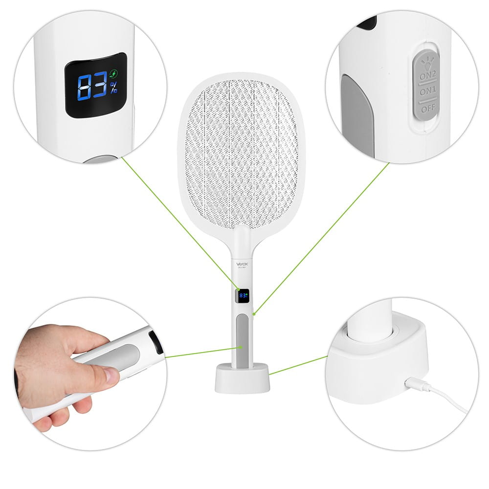 Biała elektryczna packa na komary. Pokazuje procent naładowania baterii.