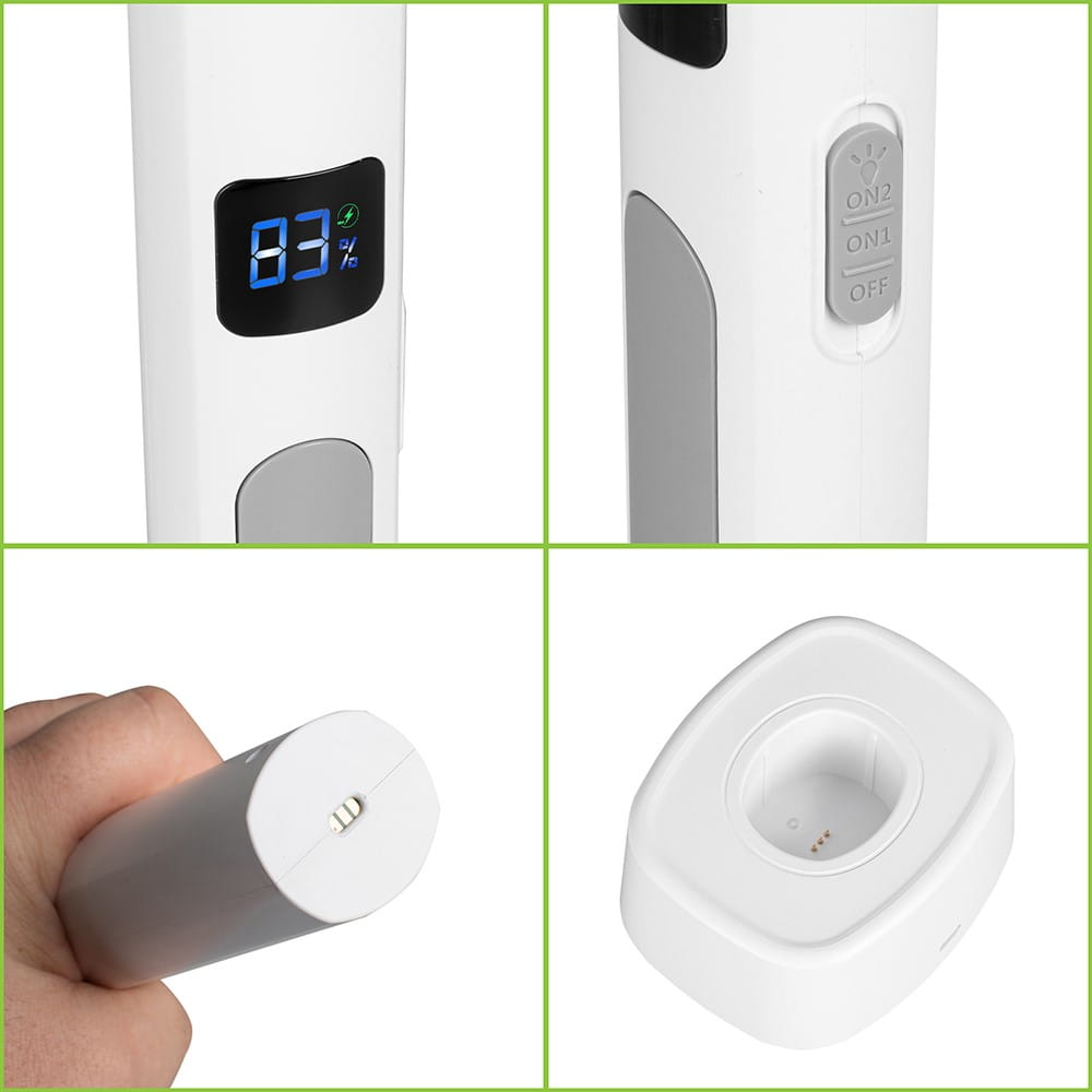 Zbliżenie szczegółów packi na muchy Vayox. Wyświetlacz pokazuje 83, przyciski, port ładowania i podstawę.