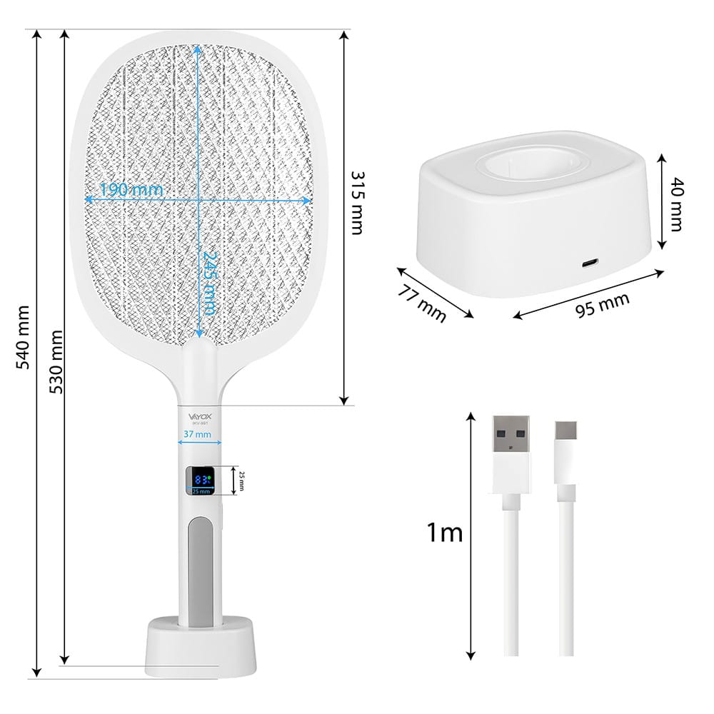 Elektryczna packa na komary, stacja ładująca i kabel USB. Wymiary są pokazane.