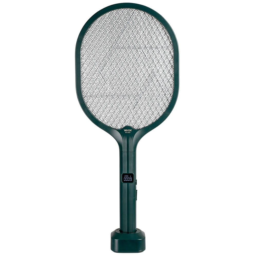 Zielona elektryczna packa na muchy Vayox na stojaku. Wyświetlacz pokazuje 0009, z zielonym uchwytem i podstawą.