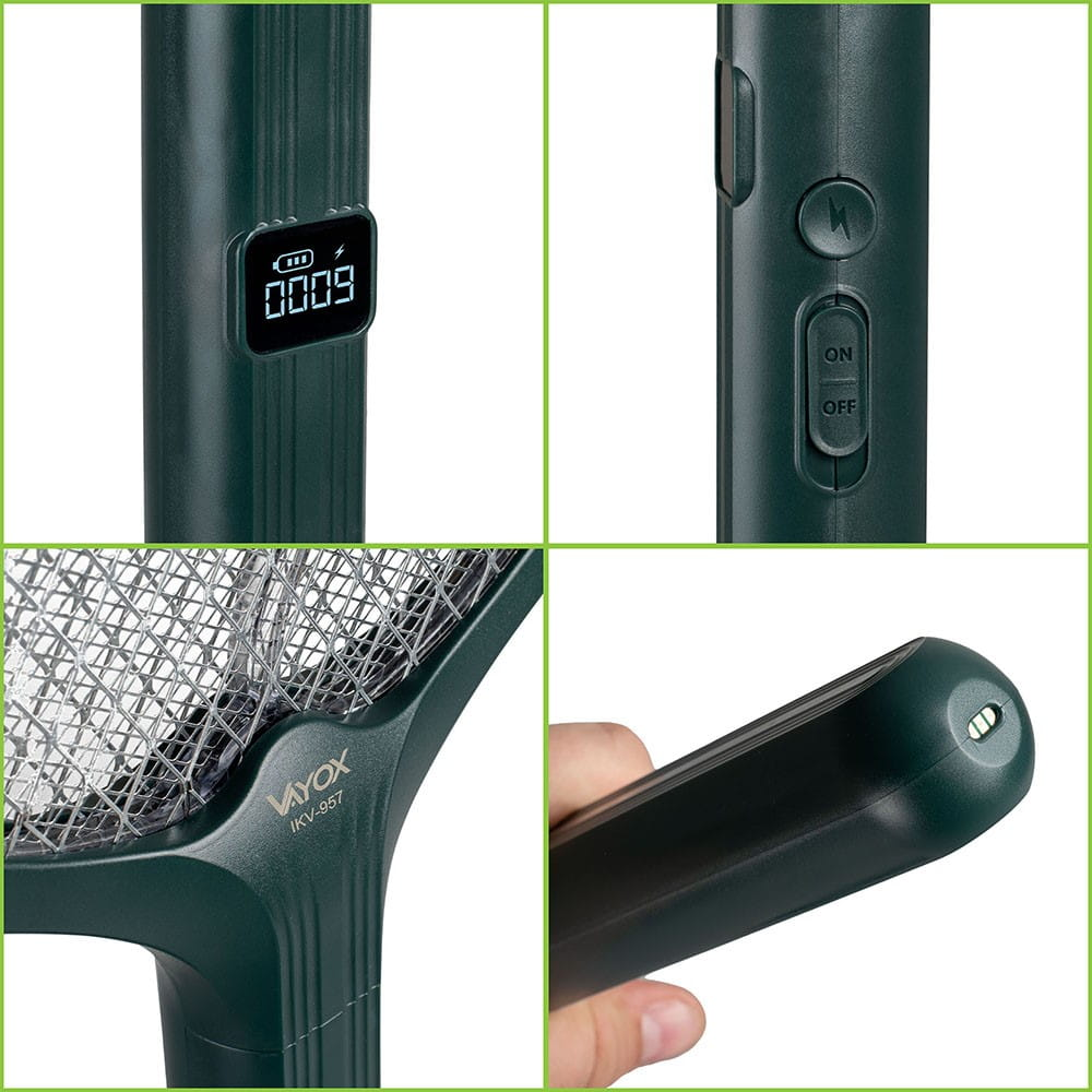 Zbliżenie zielonej elektrycznej packi na komary. Widoczne szczegóły uchwytu, przycisków i siatki.