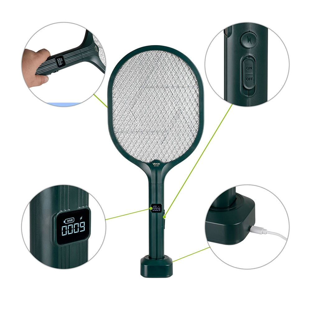 Zielona elektryczna packa na komary ze szczegółami uchwytu, podstawki i wyświetlacza cyfrowego z siatką.